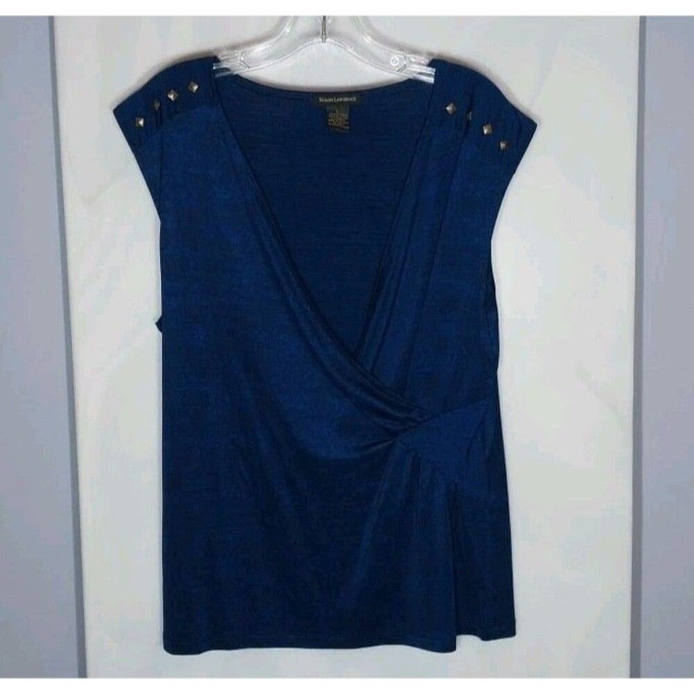 Susan Lawrence Navy Blue Studded Shoulder Faux Wrap Sleeveless V-Neck Top L